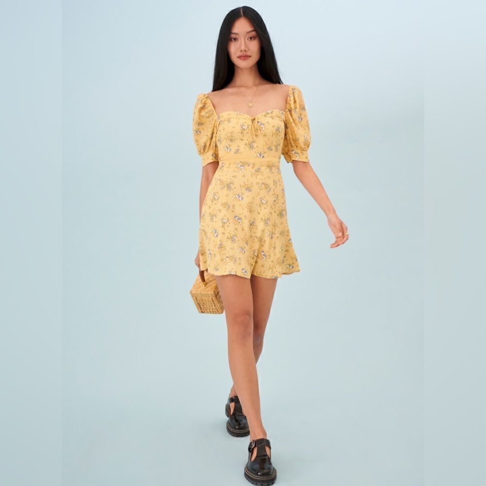 Reformation Lillet Mini Yellow Dress Floral Puff Sleeve Size 8 - Picture 4 of 10